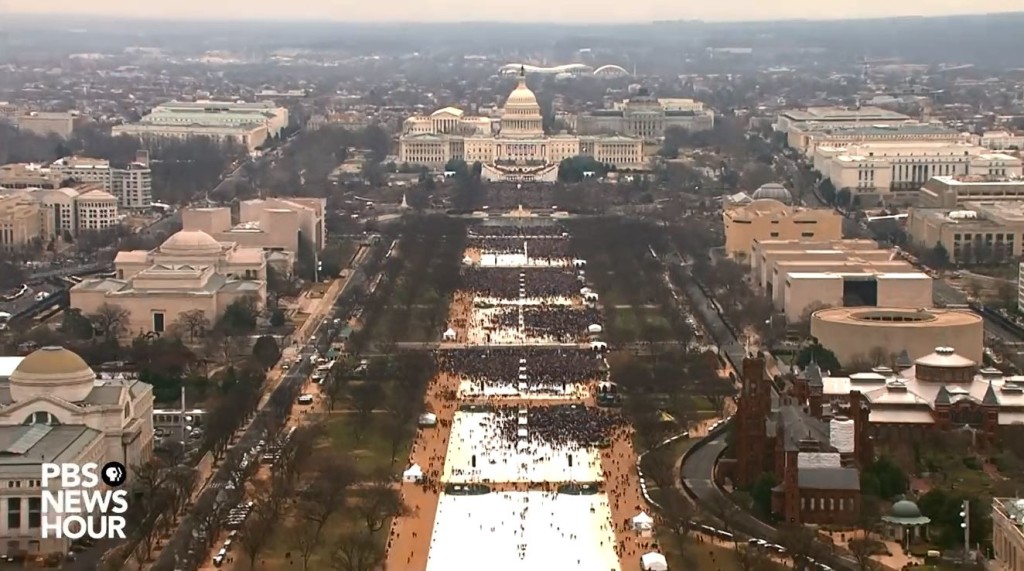 Bird's-eye view of relatively small crowd at President Trump's inauguration.