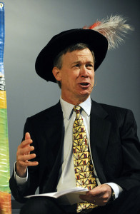 Denver Botanic Gardens, 1005 York St: First lady Jeannie Ritter and Denver Mayor John Hickenlooper attended the 6th Annual Reach Out and Read Benefit Breakfast. The mayor and the first lady on stage reading their rendition of this year's parody, " Green Eggs and Hamlet." Photo of the mayor reading his part. Photographed October 6, 2009. John Prieto, The Denver Post.